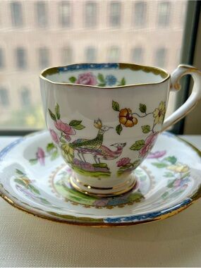 Grafton Peacock Teacup & Saucer Set - White with Pink & Green